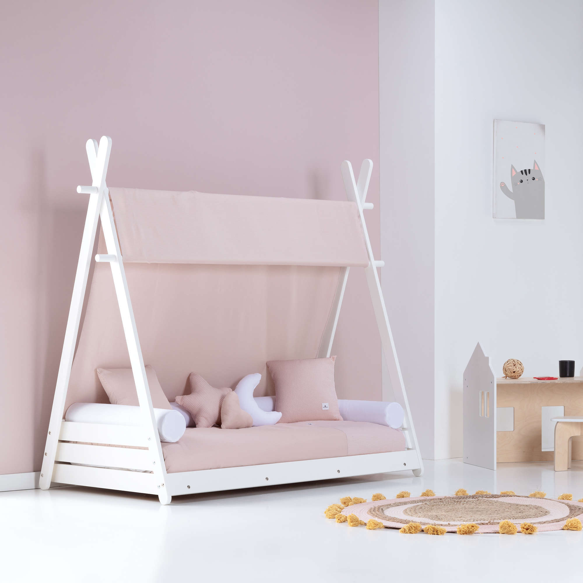 Toldo para cama Montessori Indy 70x140cm crema rosa