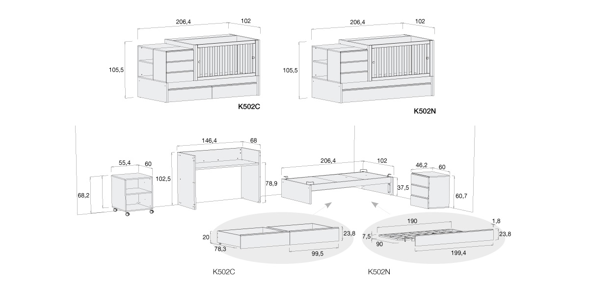 Convertible crib dimensions sero evolutive K502