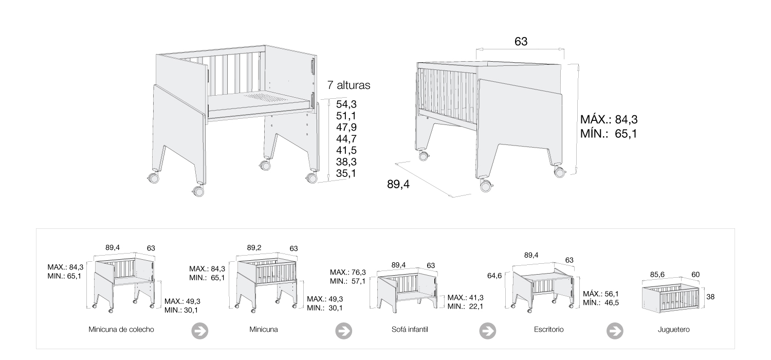 Convertible co-sleeping crib Equo dimensions